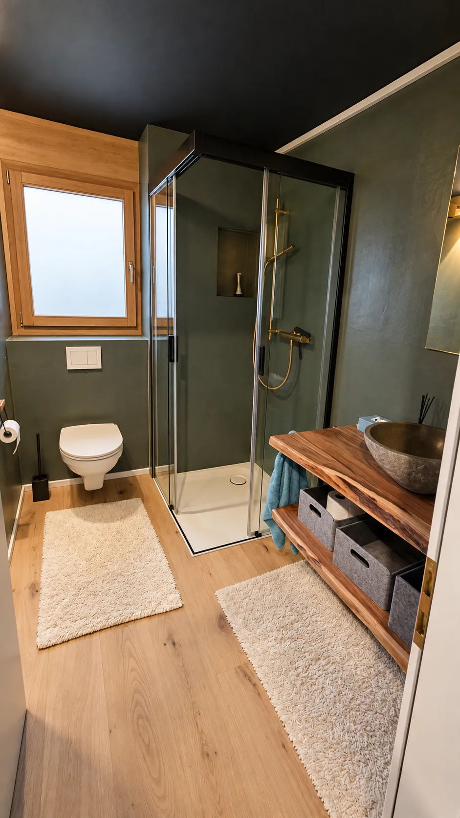 Bathroom with stone basin, natural wood and shower